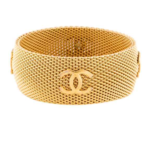 CHANEL CC GOLD-PLATED MESH BANGLE BRACELET - VINTAGE 97P - Picture 3 of 7